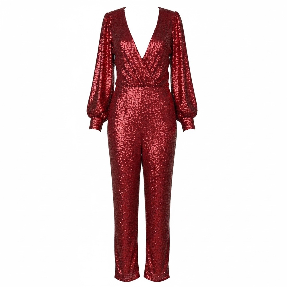Eloquii Red Sequin Long-Sleeve V-Neck Jumpsuits